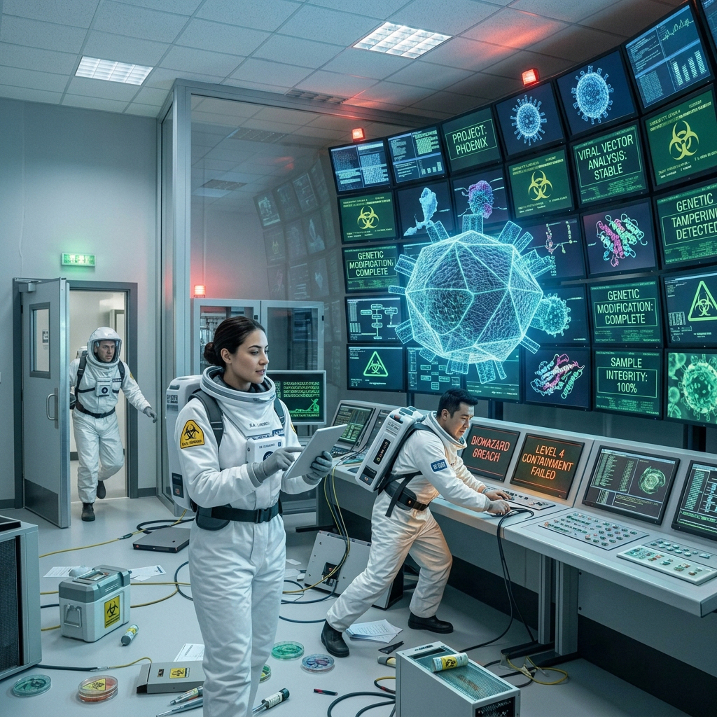 Scientists flee a laboratory while a giant mutated organism escapes; screens read “BIOHAZARD BREACH,” “LEVEL 4 CONTAINMENT FAILED,” and “GENETIC TAMPERING DETECTED.”